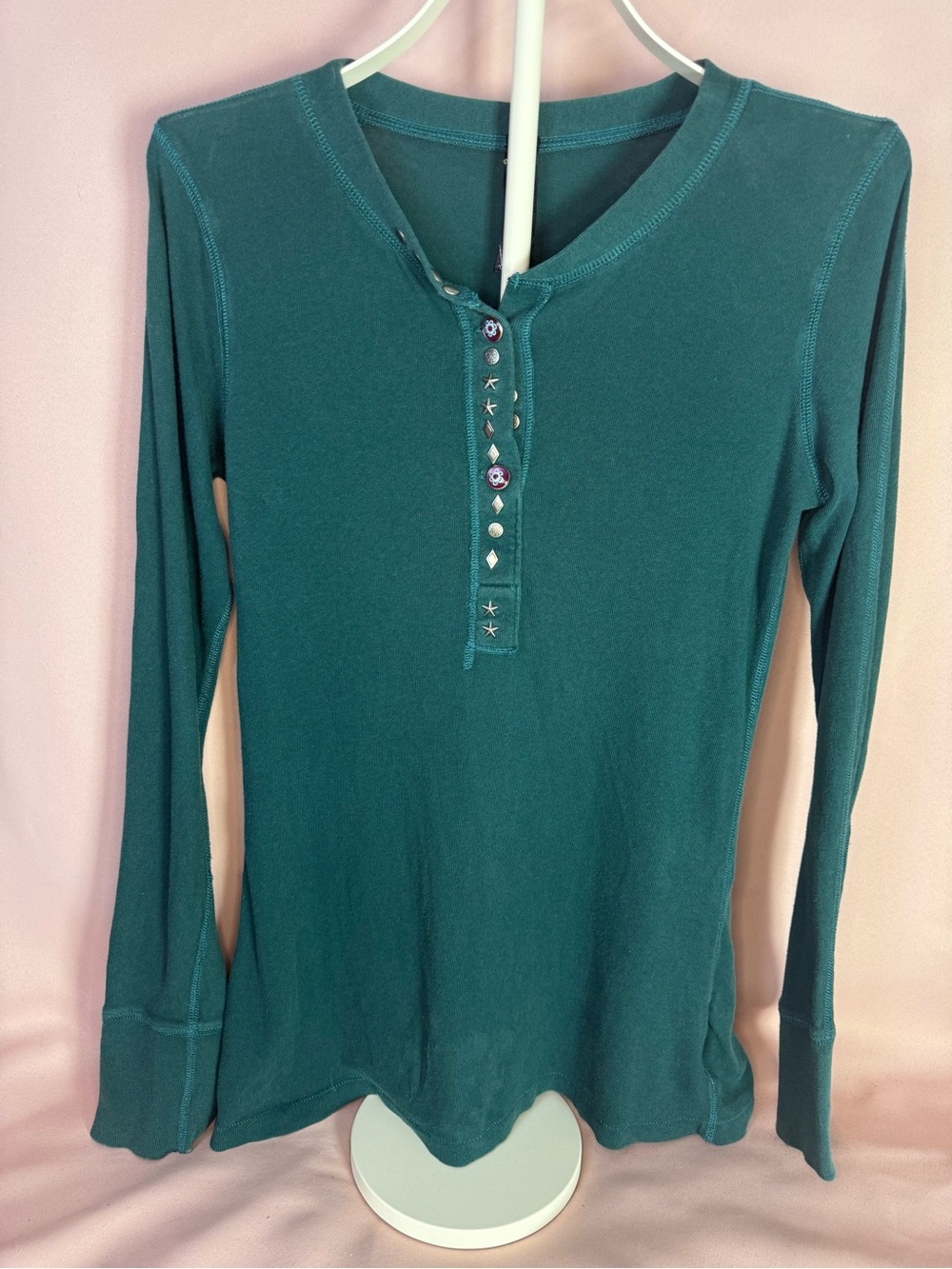 Free People - 100% Cotton Teal Decorative Snap Button Henley Top - Size L